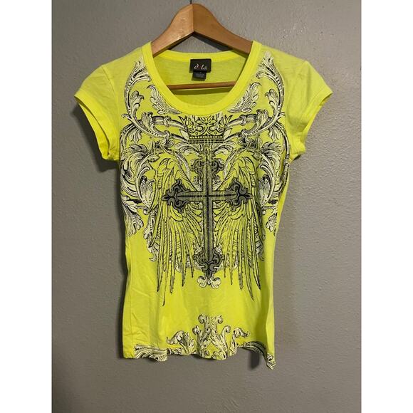 Dots Womens Baby Tee Small Neon Yellow Cross Graphic Glitter Fairy Grunge Y2K - Picture 1 of 8